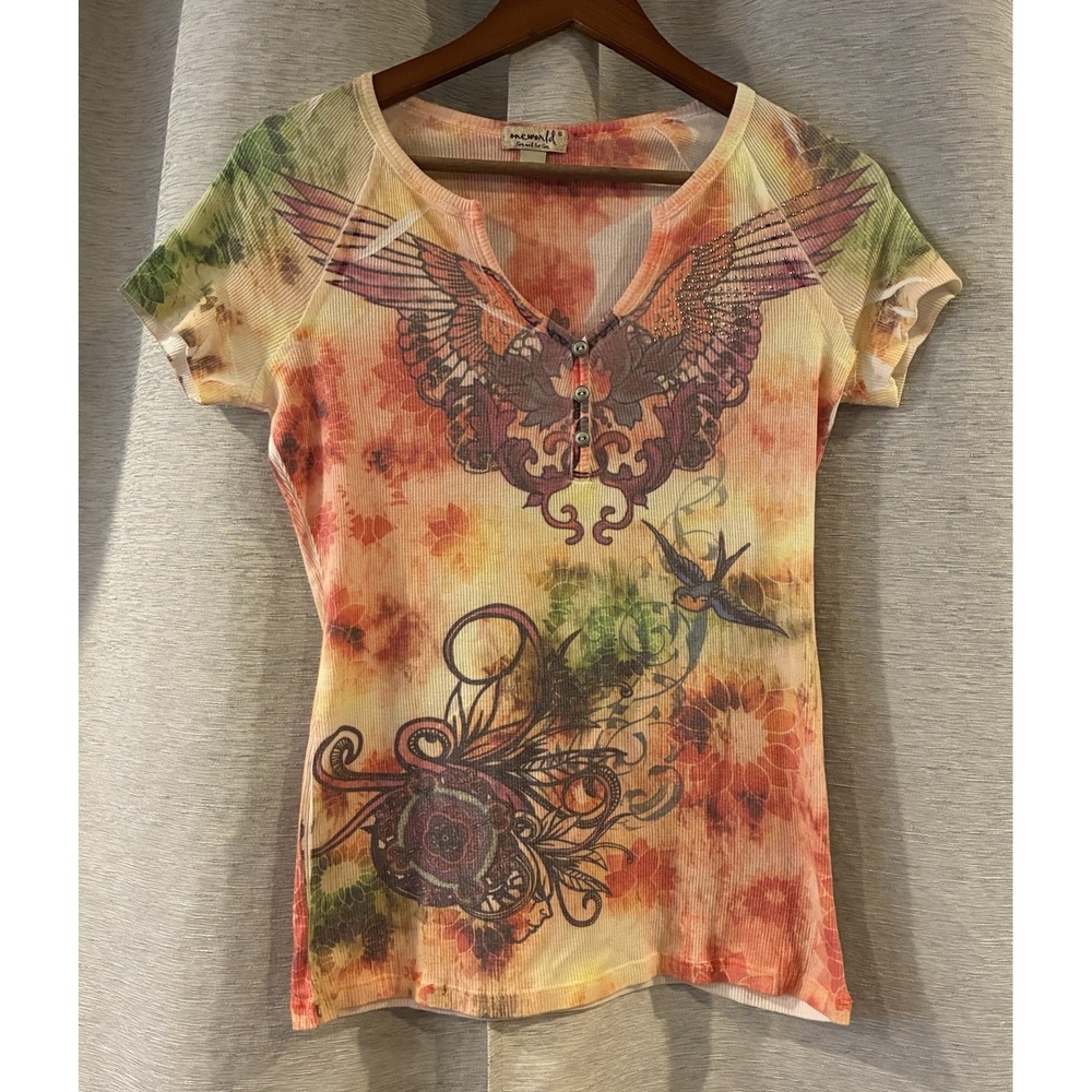 One World Monarch Wing Top Womens S Boho Forest Fairy Y2K Festival Henley Ribbed